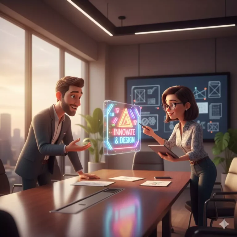 Pemilik kedai berbincang rekaan signboard bersama designer profesional.