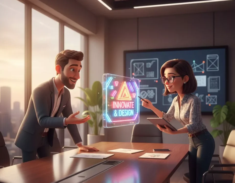 Pemilik kedai berbincang rekaan signboard bersama designer profesional.