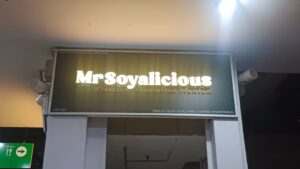 Precision-cut 3D signage. This dimensional lettering was installed to MrSoyalicious to create a premium, eye-catching visual effect.