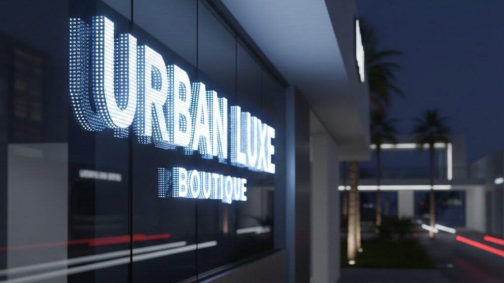 Signboard LED 3D menyala terang pada waktu malam di kawasan kedai moden.