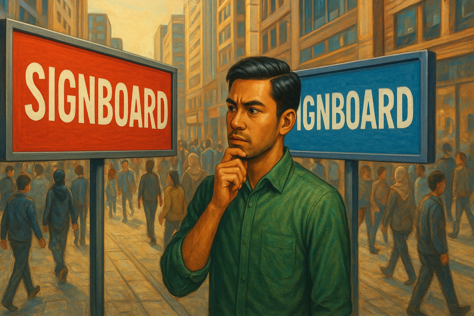 5 jenis papan tanda kedai paling popular: 3D Box-Up, Akrilik, Lightbox, Vinyl.