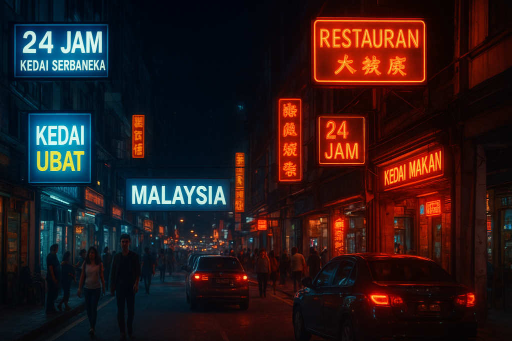 Papan tanda LED dan neon di hadapan kedai — perbandingan pencahayaan malam.