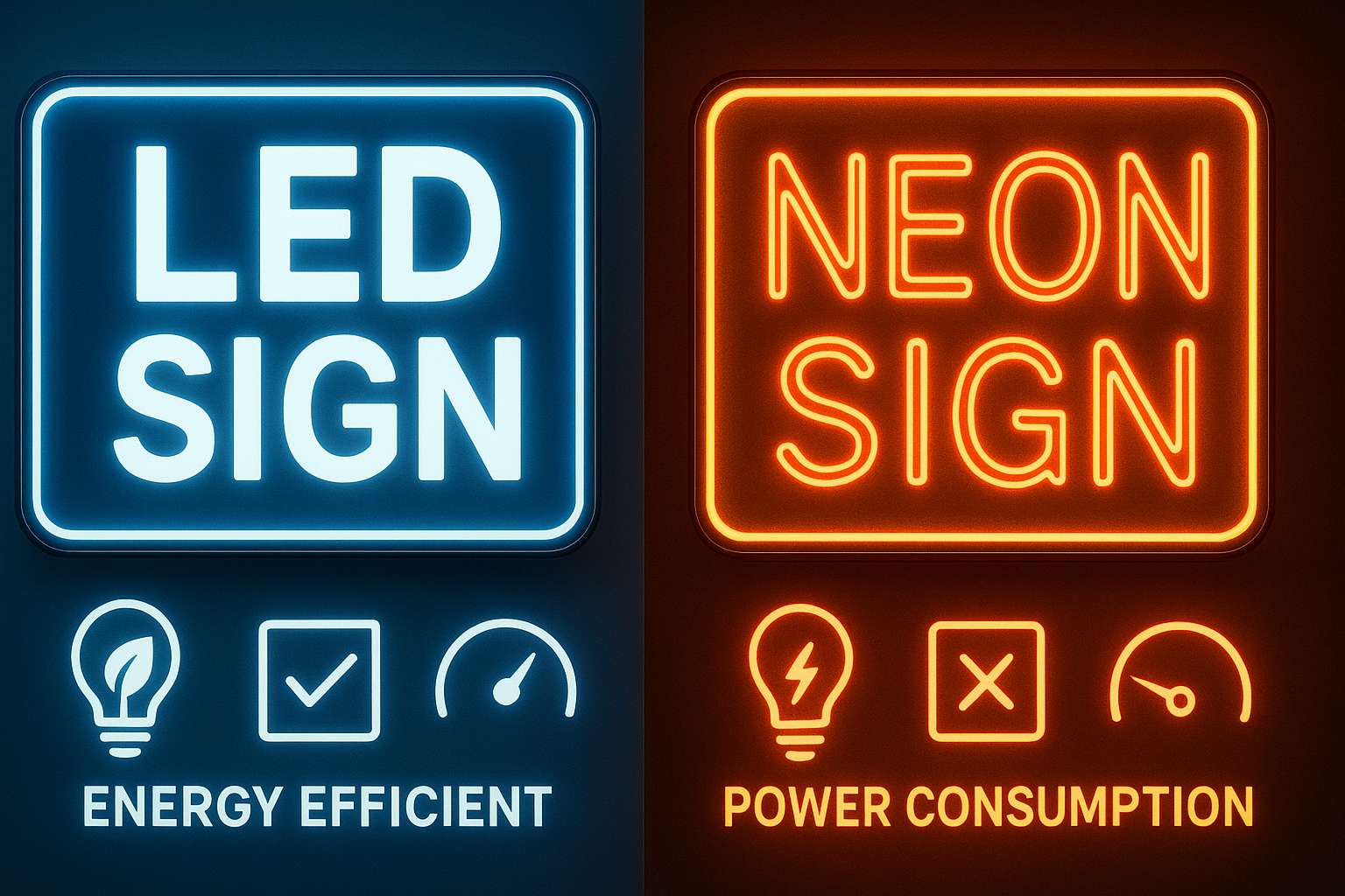 Perbandingan dekat papan tanda LED dan neon menunjukkan perbezaan warna dan penggunaan tenaga